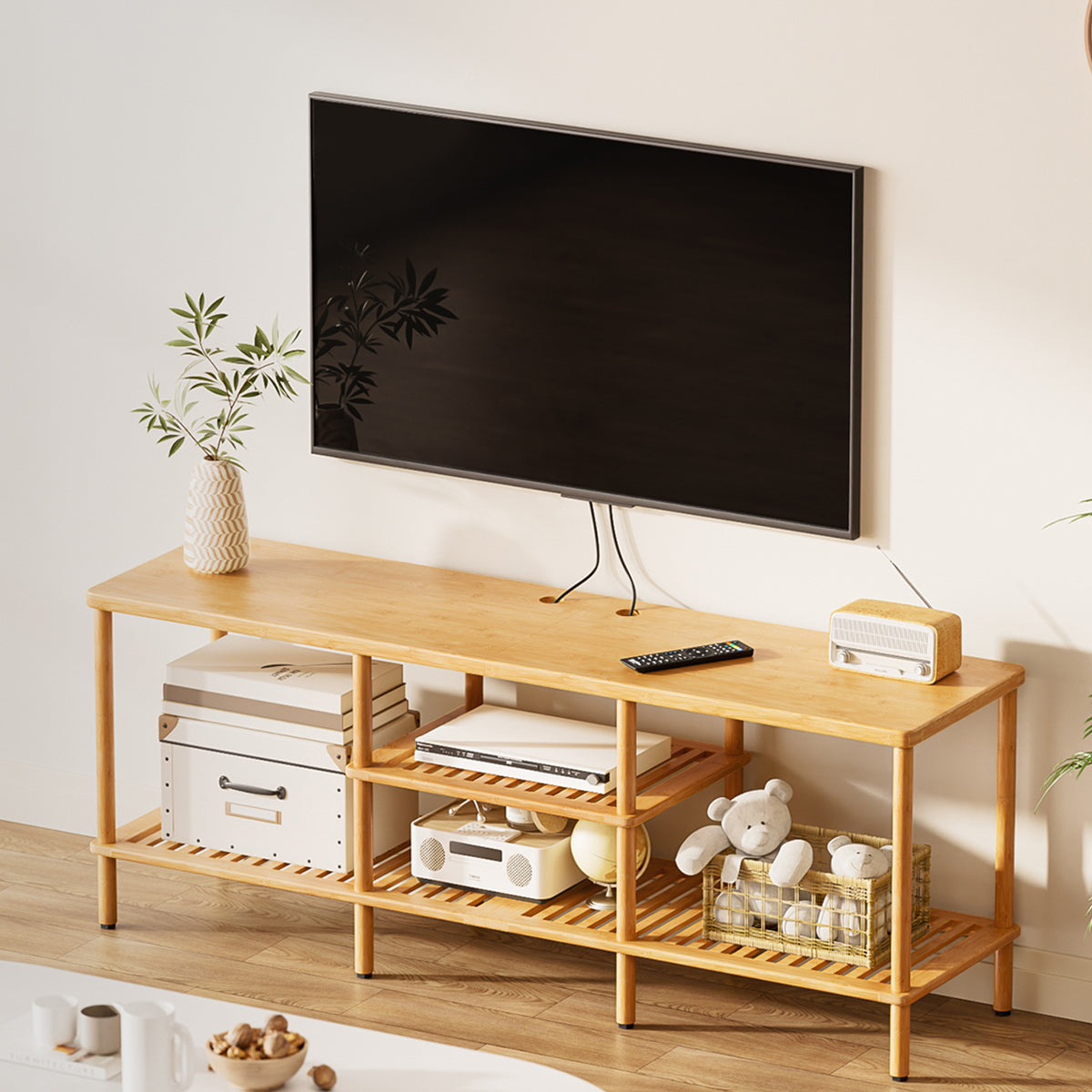 Bamboo TV Stand, 3-Tier Storage Shelf