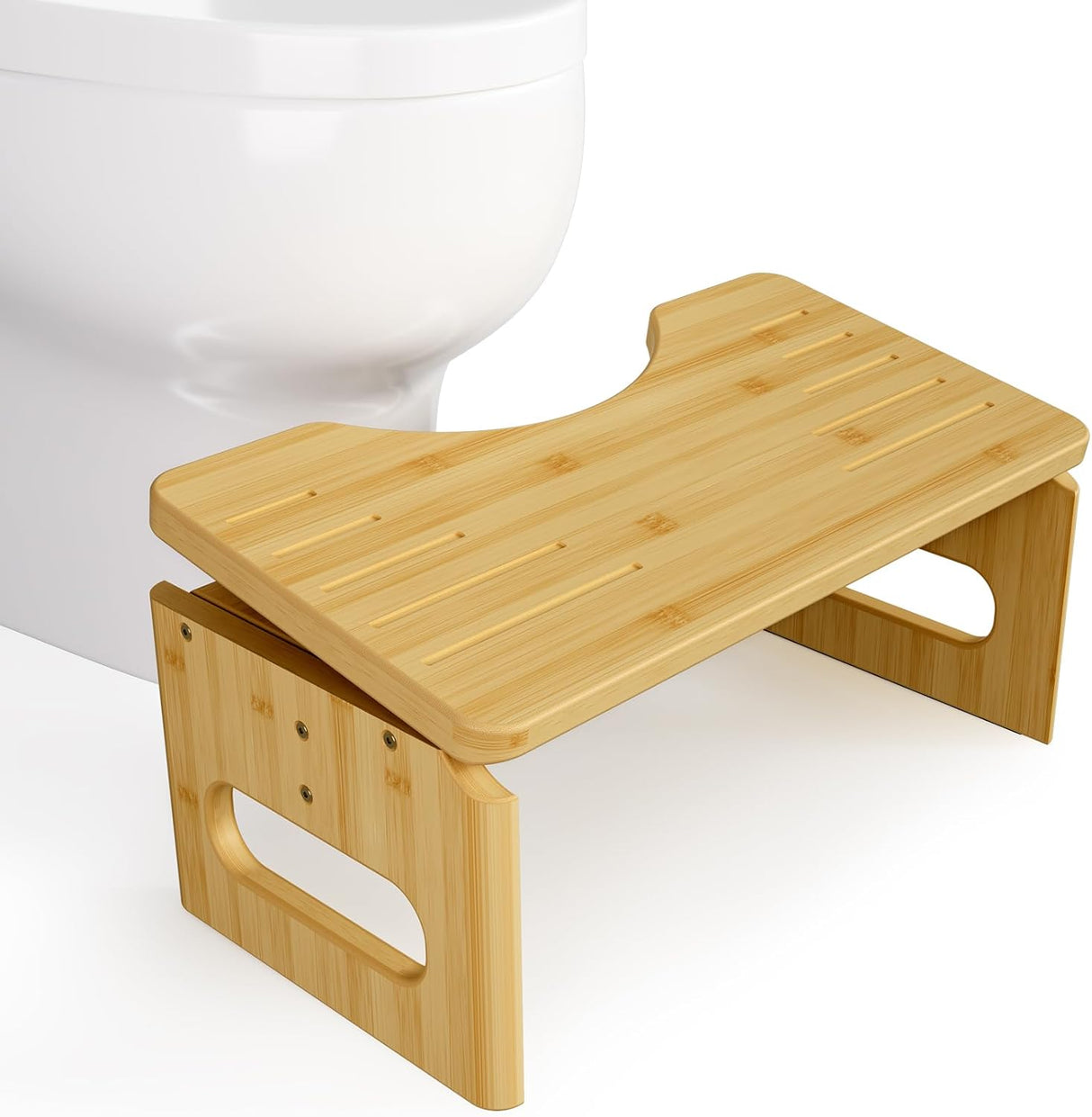 Wooden bathtub seat with a white bathtub in the background