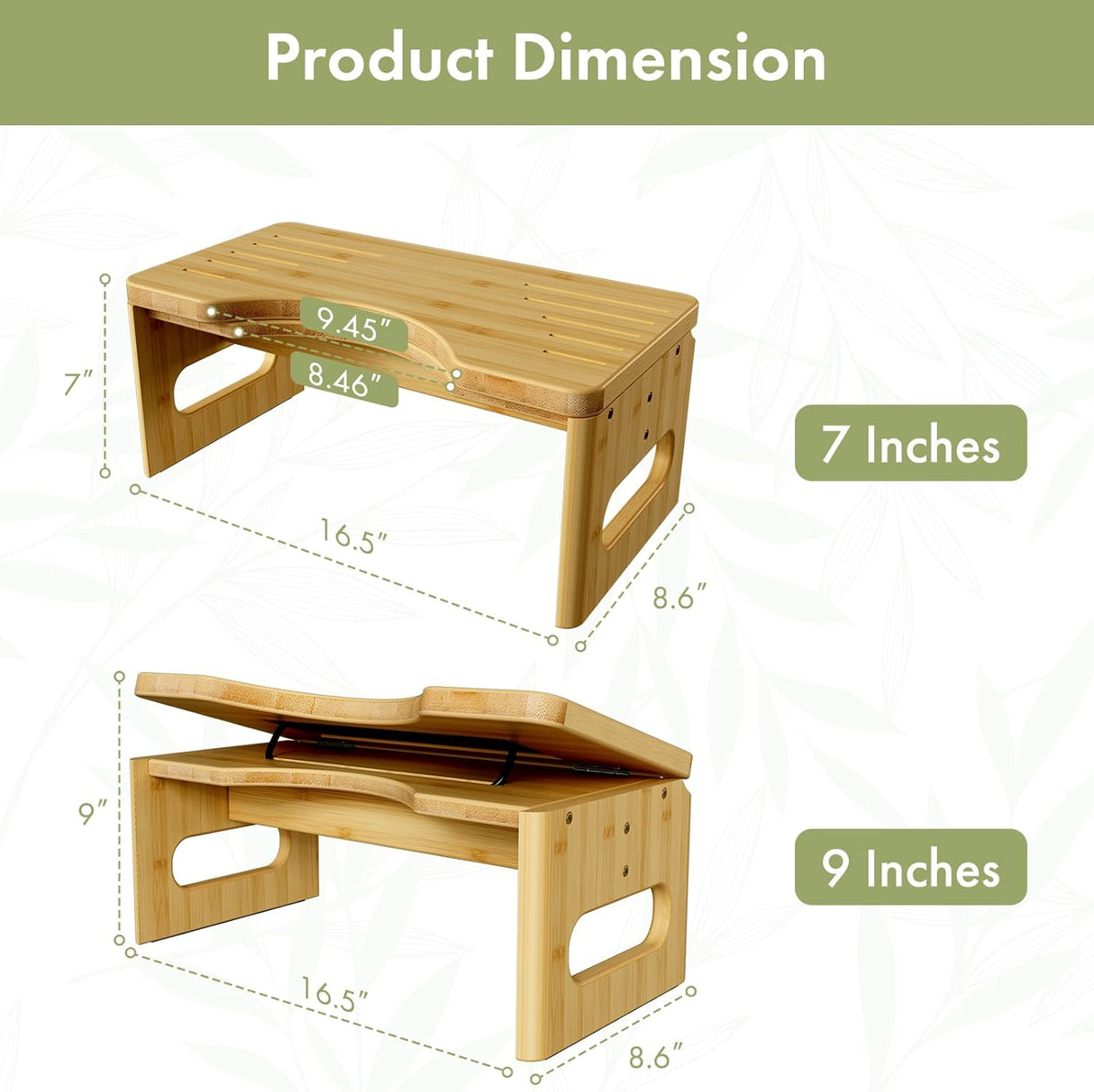 Dimensions of a wooden step stool with measurements labeled.
