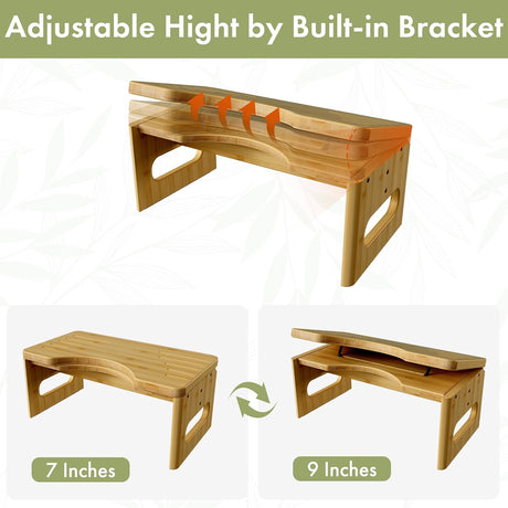 Wooden adjustable height table with built-in bracket on a white background