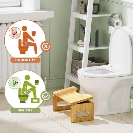 Bathroom setting with a wooden stool next to a toilet, emphasizing healthy versus unhealthy sitting positions.