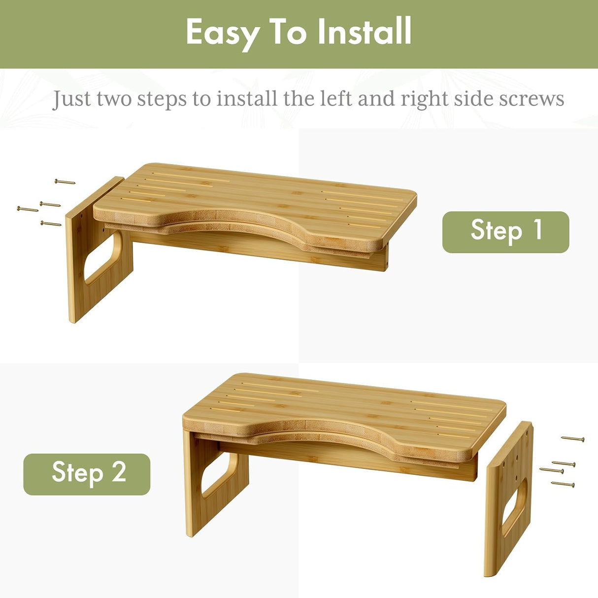 Wooden bathtub shelf with installation steps on a white background