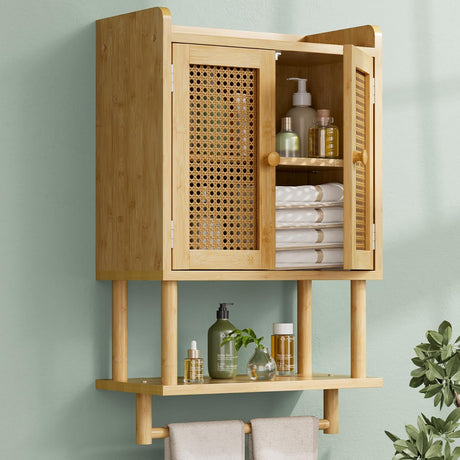 Bamboo wall-mounted cabinet with shelves against a light green wall.