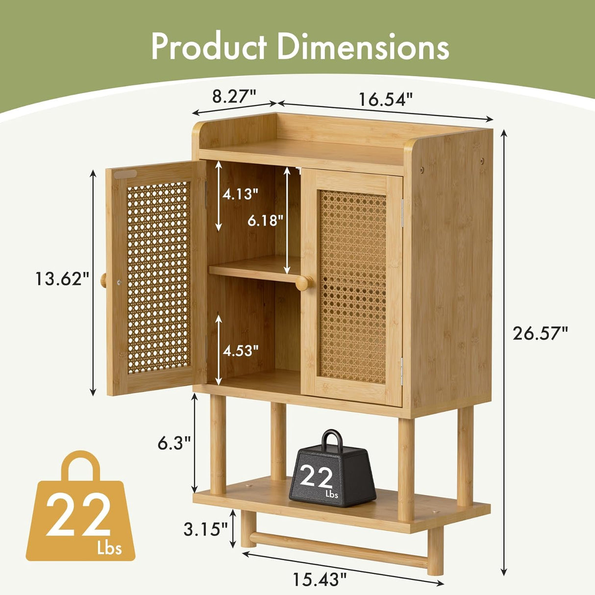 Bamboo cabinet with dimensions and weight displayed