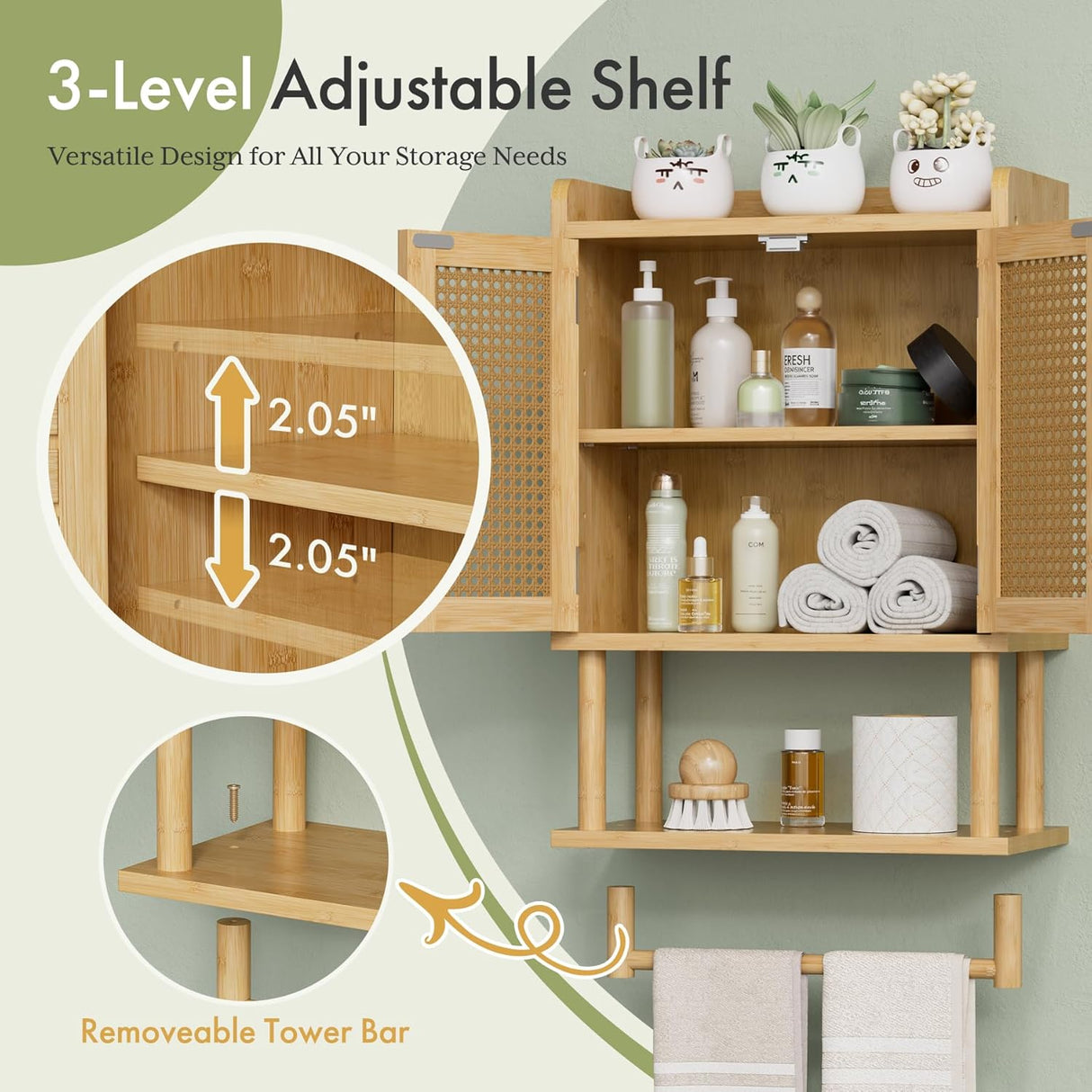Bamboo 3-level adjustable shelf with various items on a light green background