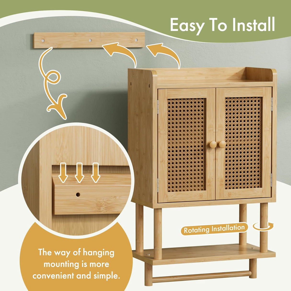 Bamboo cabinet with rattan doors and installation instructions on a green background