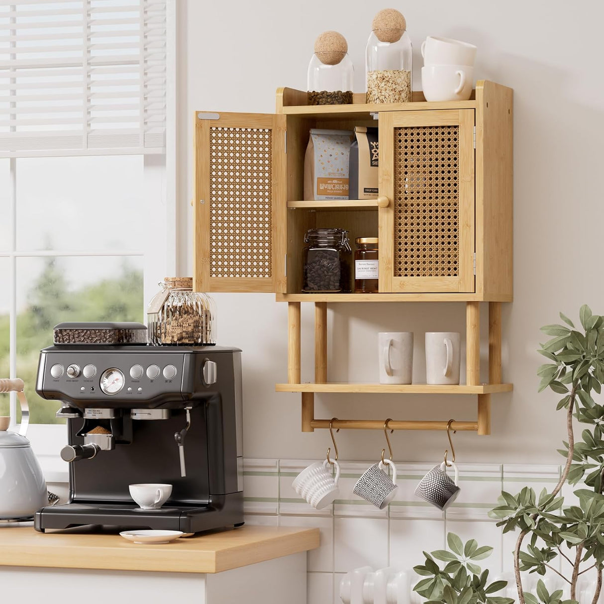 Bamboo wall-mounted cabinet with shelves and a coffee machine in a kitchen.