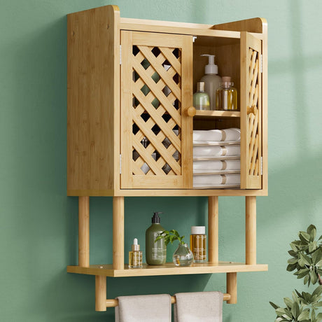 Bamboo cabinet with lattice design on a green wall, containing towels and bottles.