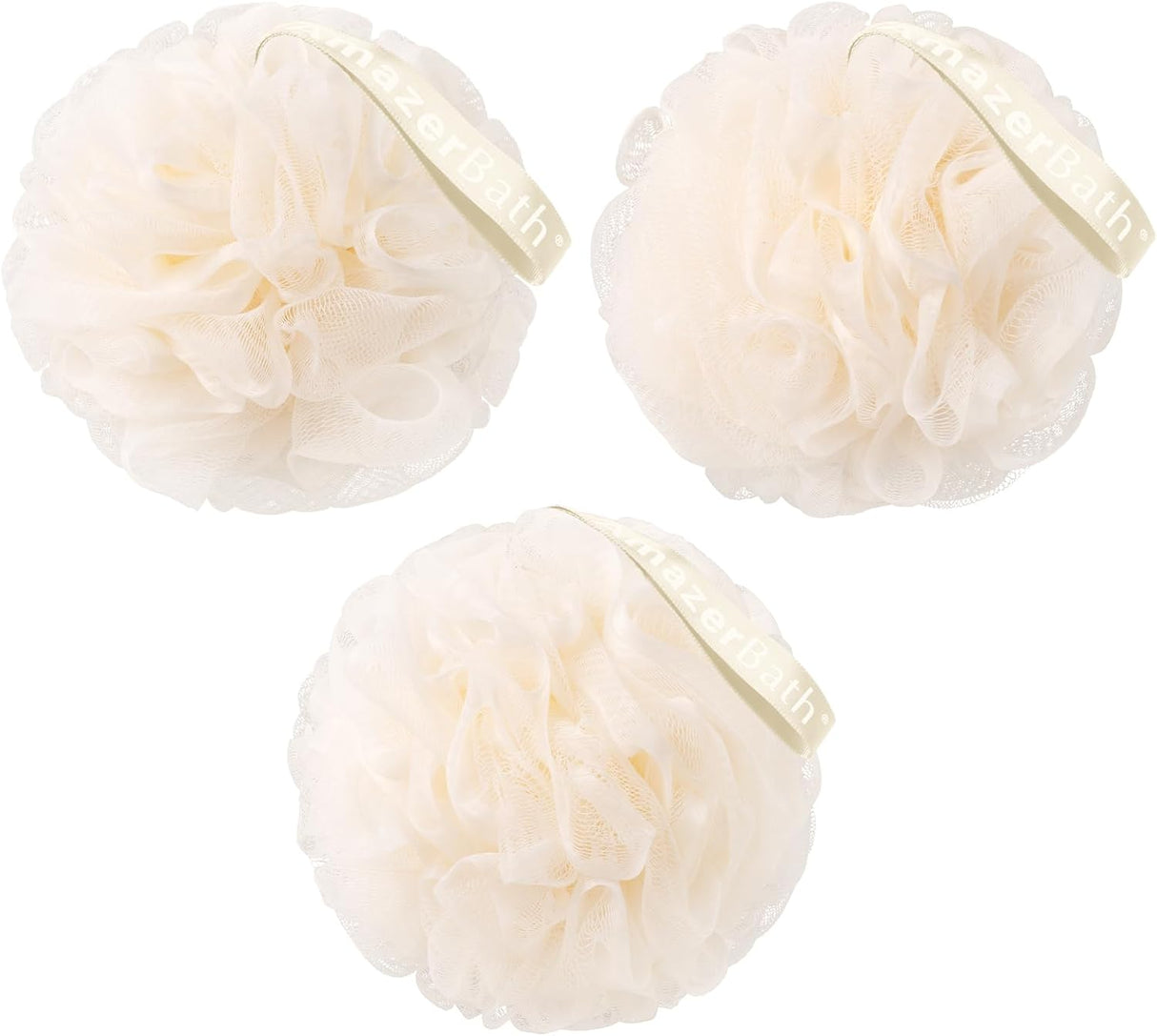 Three cream-colored bath poufs with a brand label on a white background