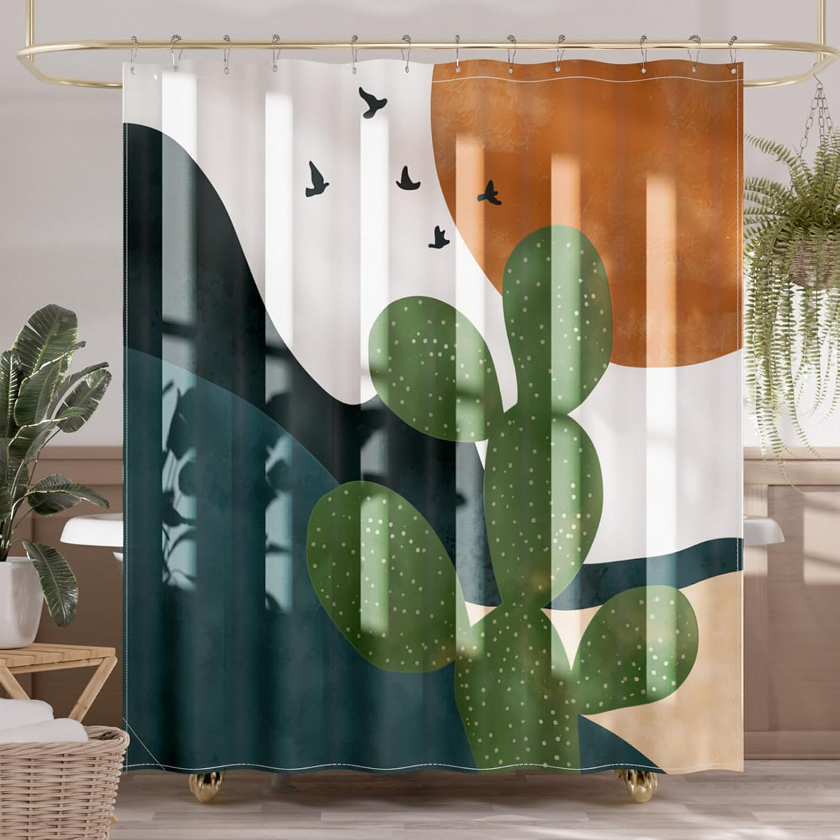 A shower curtain featuring an abstract design with geometric shapes and leaf patterns in beige, black, green, and orange colors.