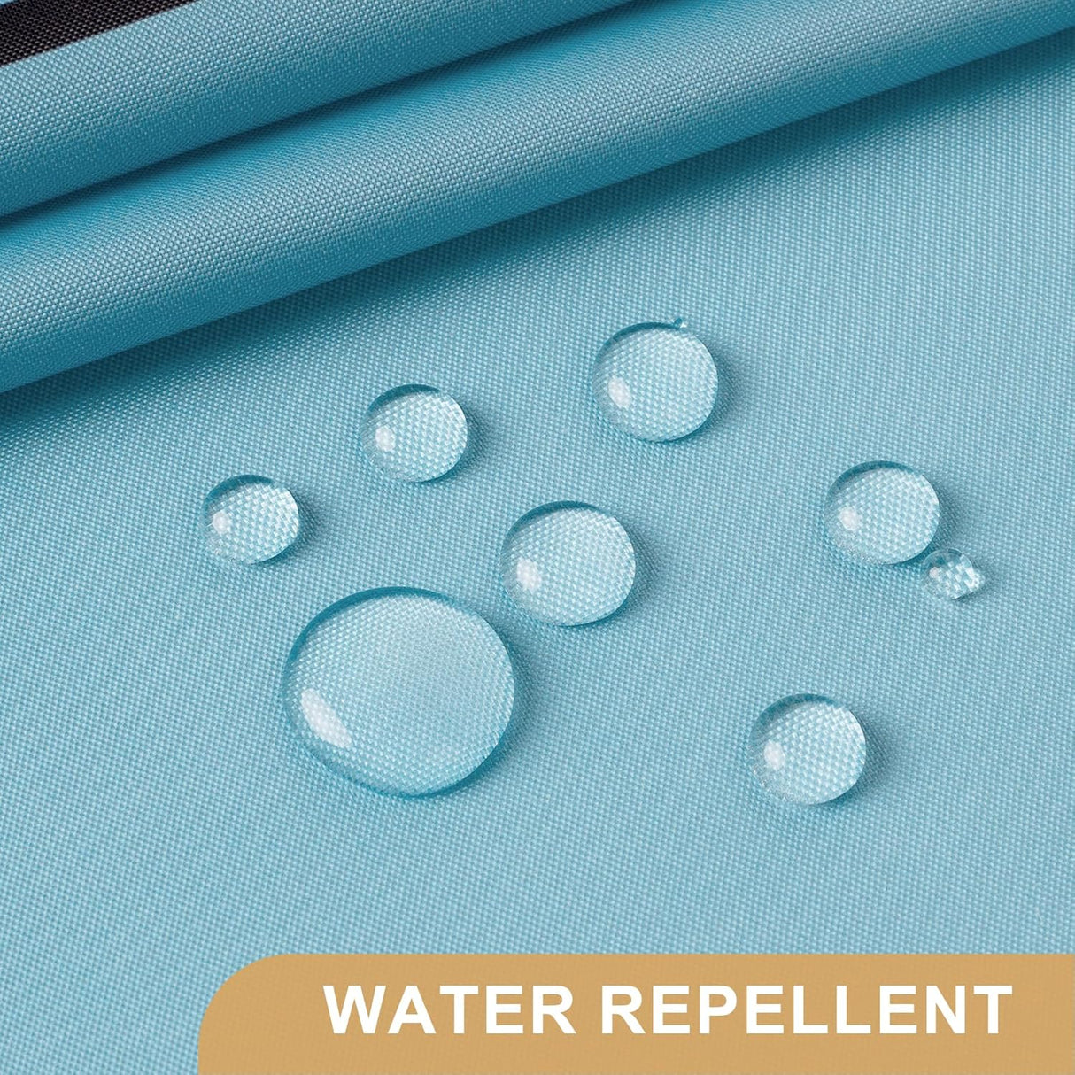 Blue fabric with water droplets and 'WATER REPELLENT' text