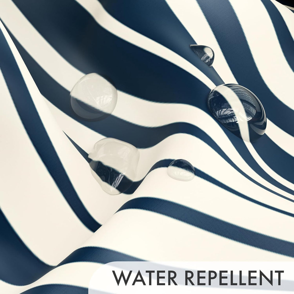 Blue and white striped fabric with water droplets demonstrating water repellent property.