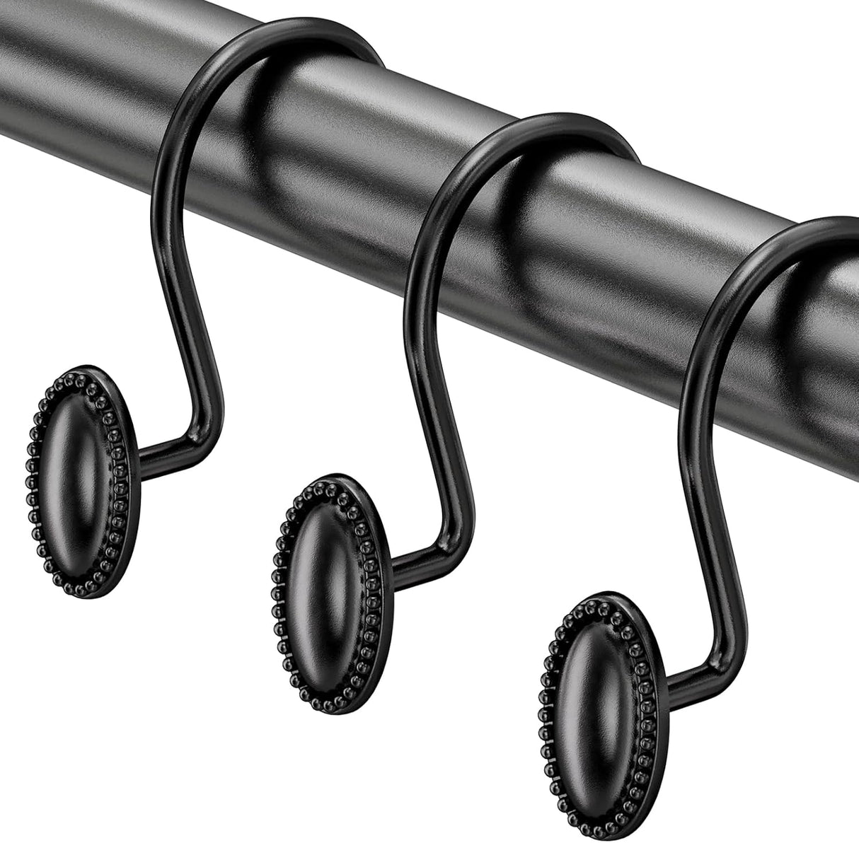 Black curtain rod with decorative hooks on a white background