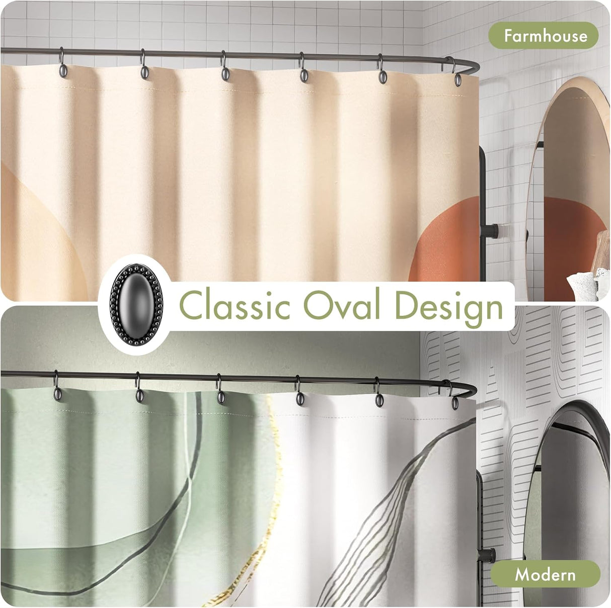 Collage of shower curtains with 'Farmhouse' and 'Modern' design labels.