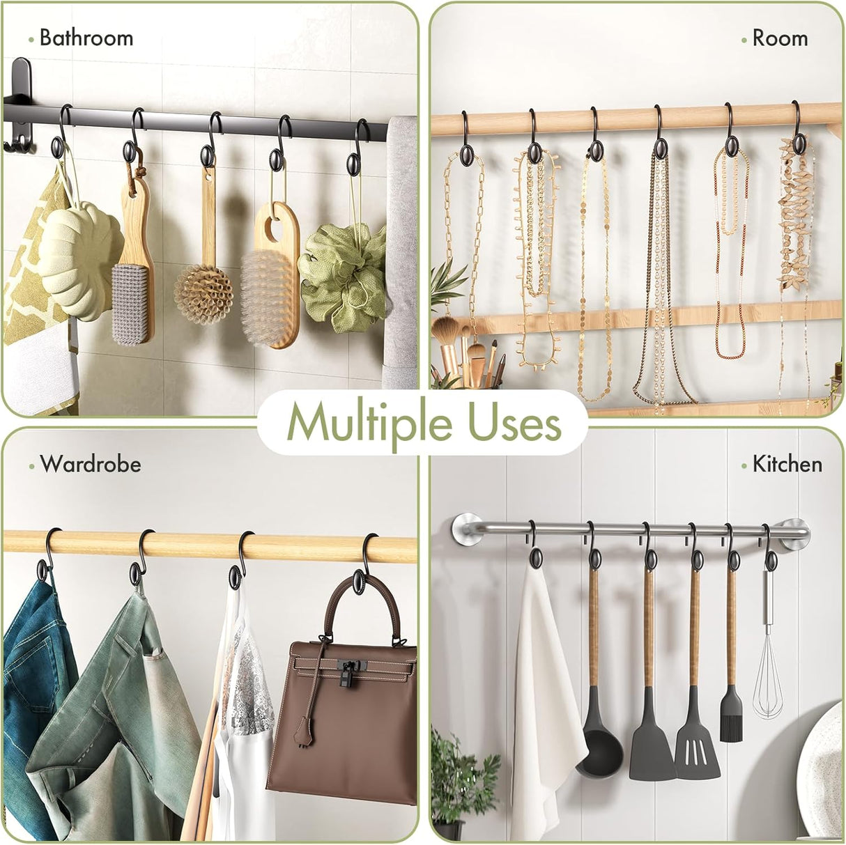 Collage of various uses for a wall-mounted metal rod with hooks in a bathroom, room, wardrobe, and kitchen.