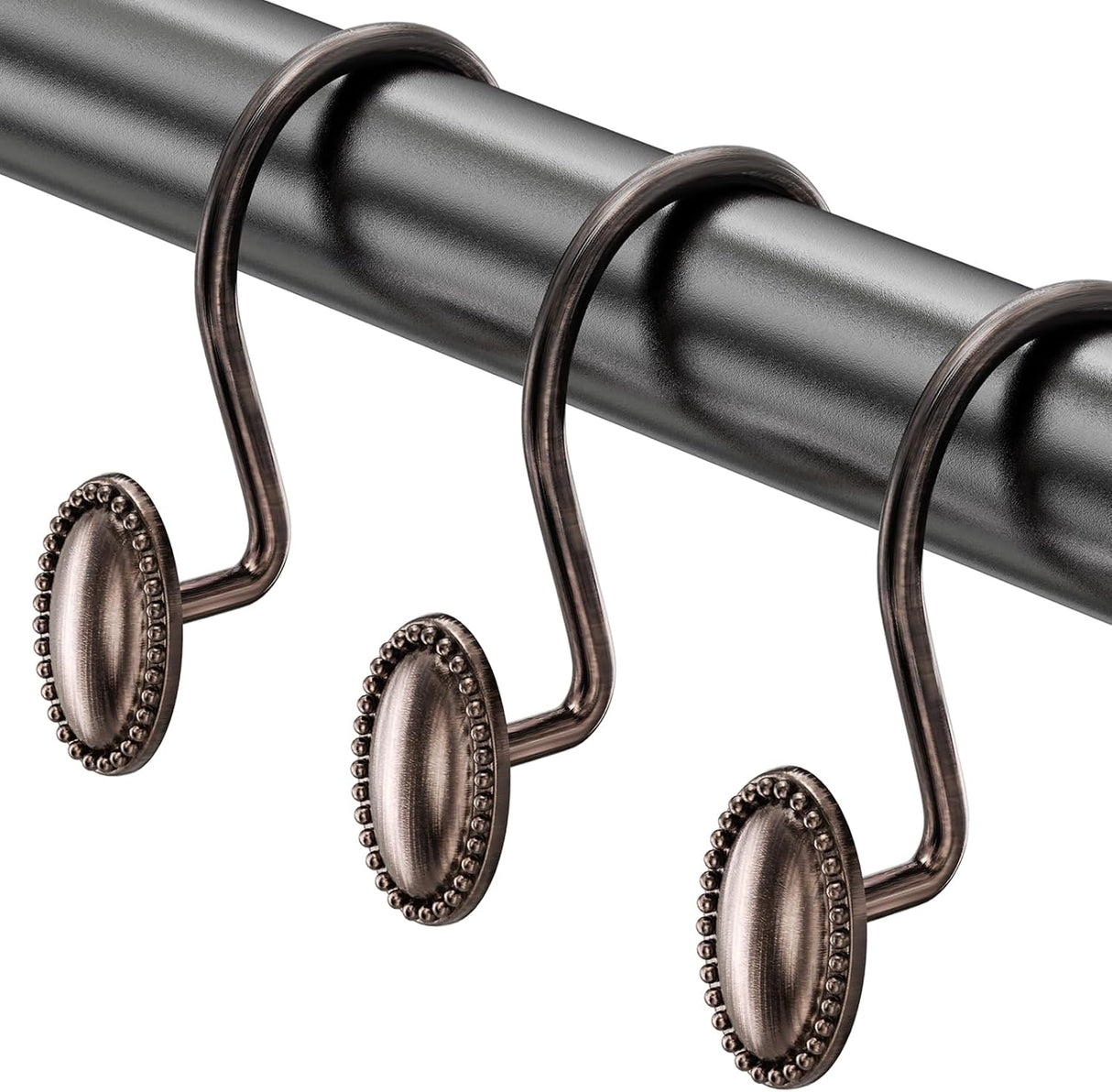 Curtain rod with bronze hooks on a white background