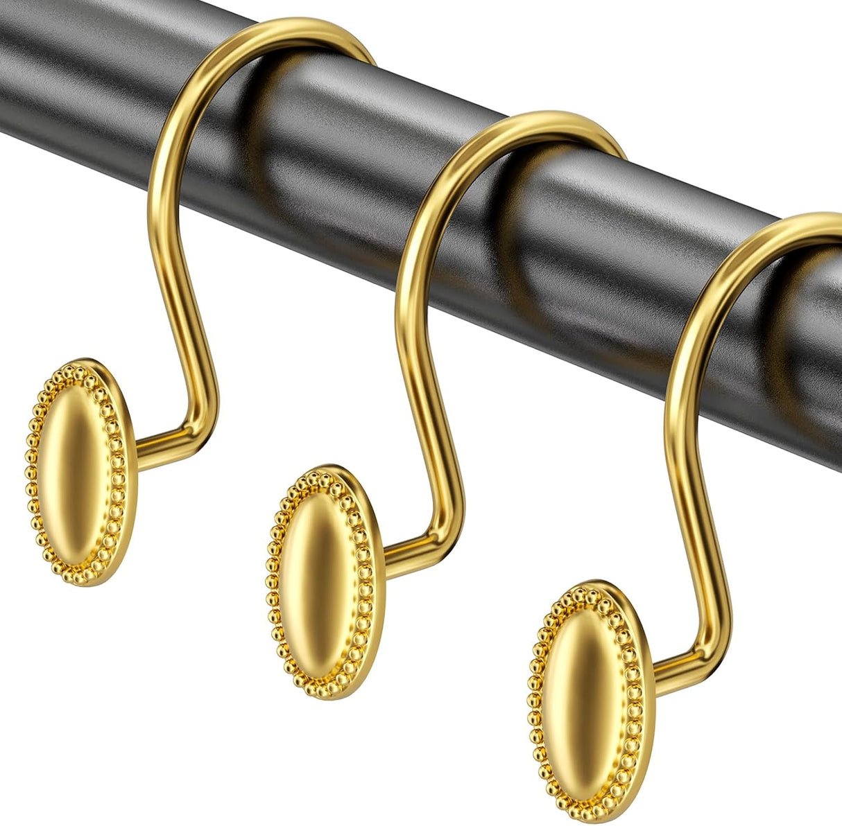 Gold curtain hooks on a gray rod against a white background