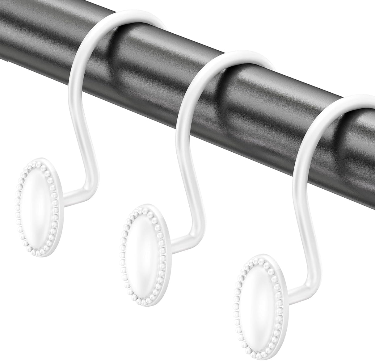 White curtain hooks on a black curtain rod against a white background