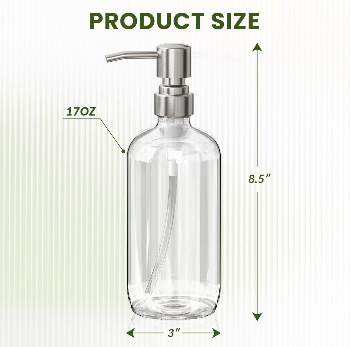 Clear glass bottle with pump labeled '17oz' and dimensions on a white background