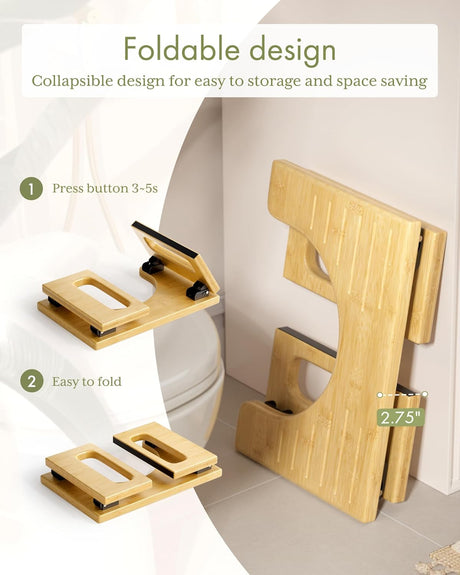 Foldable wooden step stool with collapsible design for easy storage and space saving, shown next to a toilet.