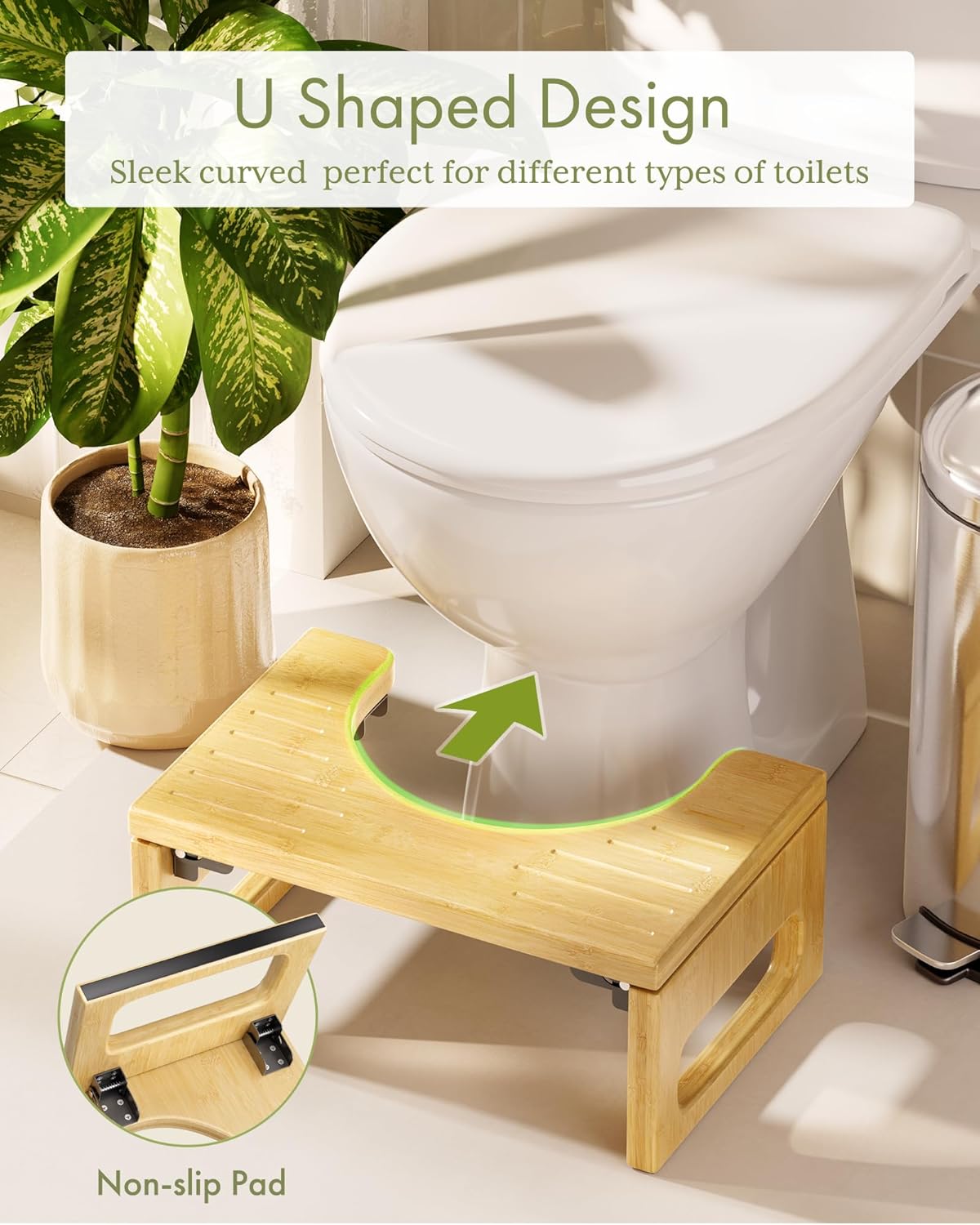 Wooden step stool with U-shaped design in front of a toilet, featuring a non-slip pad.