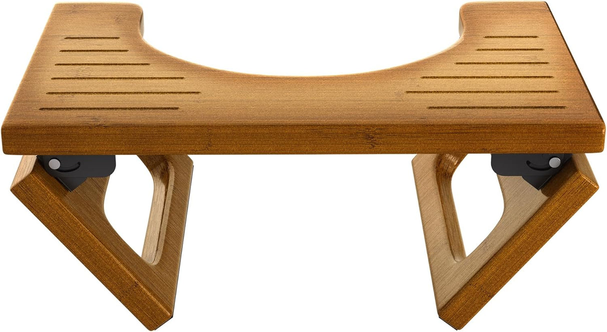Wooden stool with a slatted design on a white background