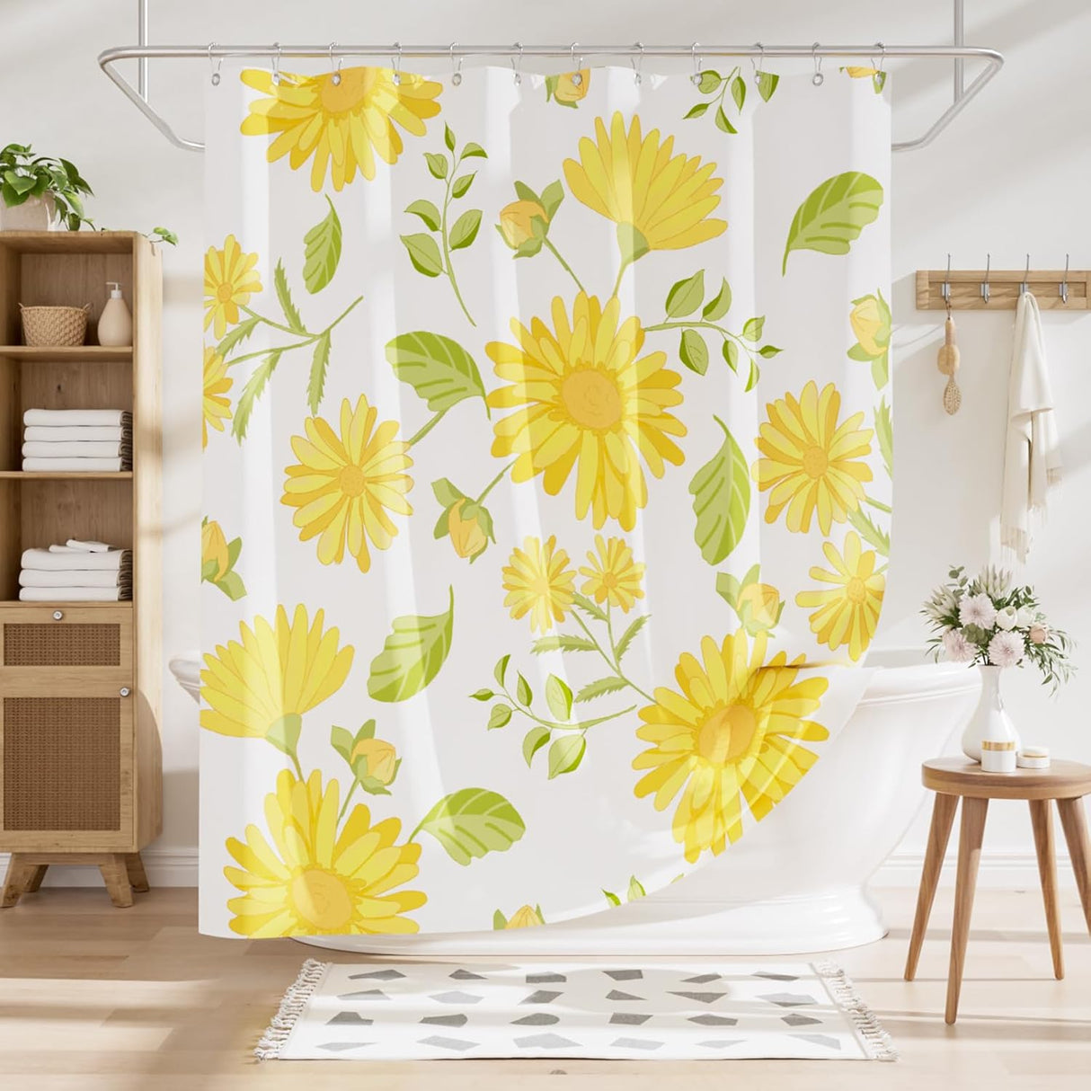 Shower curtain with yellow floral pattern in a bathroom setting
