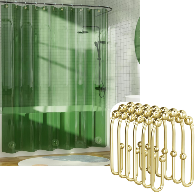 EVA Emerald Shower Curtain 72"x72", U-Shaped Gold Hooks 12 Pcs