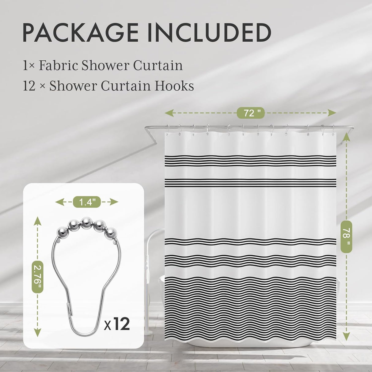 Fabric shower curtain with black wavy pattern and shower curtain hooks on a gray background