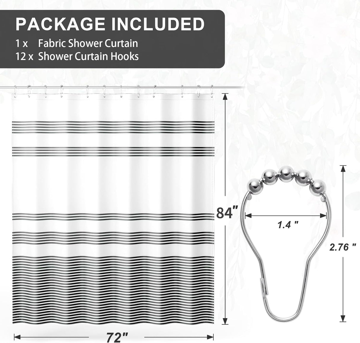 Fabric shower curtain with black stripes and shower curtain hooks on a white background