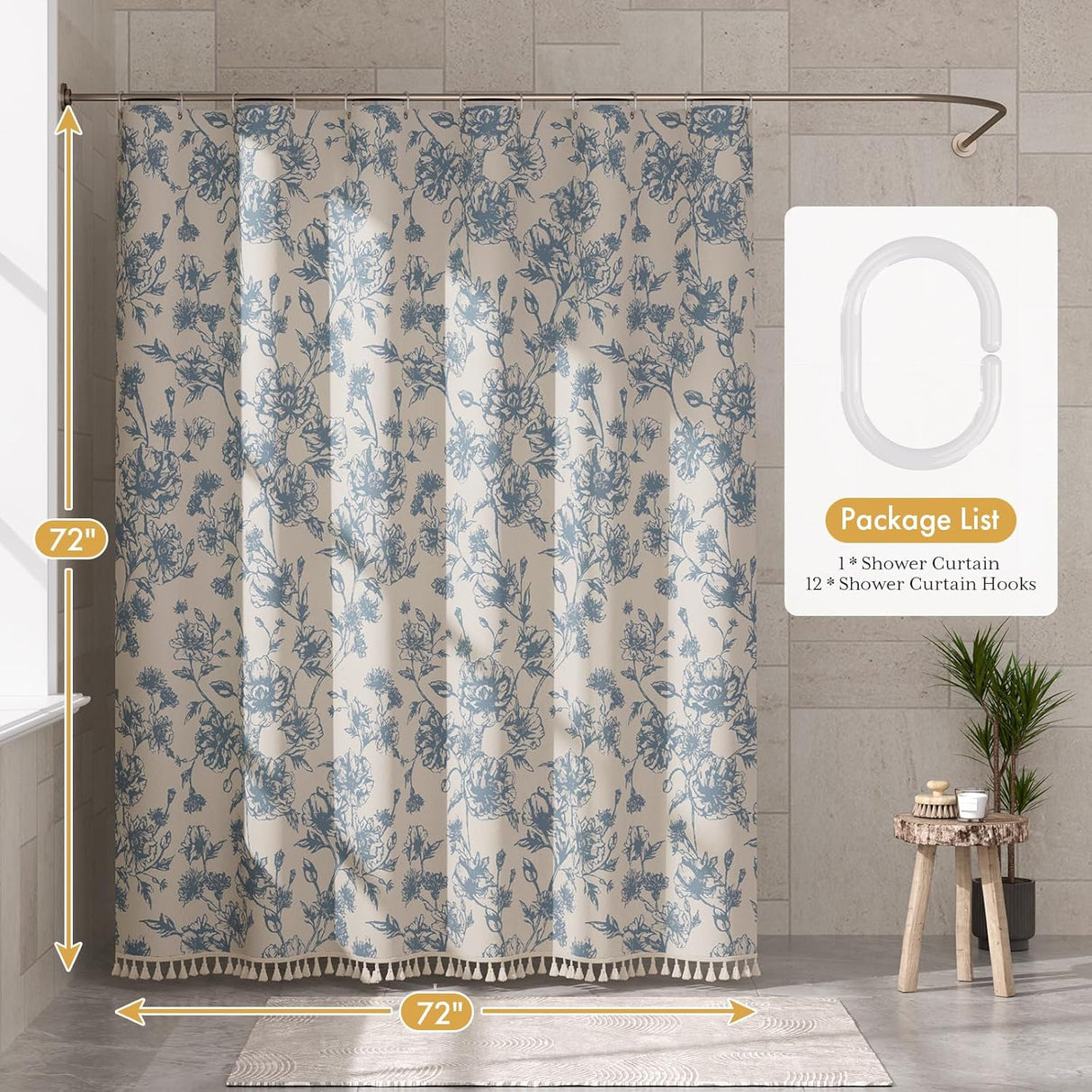 Floral shower curtain with dimensions and package list on a bathroom wall.