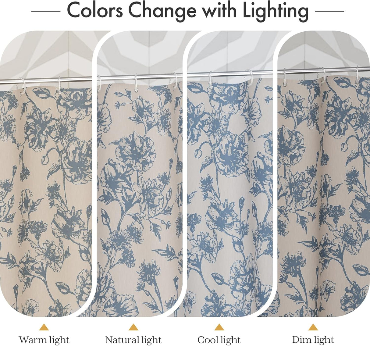 Floral patterned fabric swatch showing color changes under different lighting conditions.