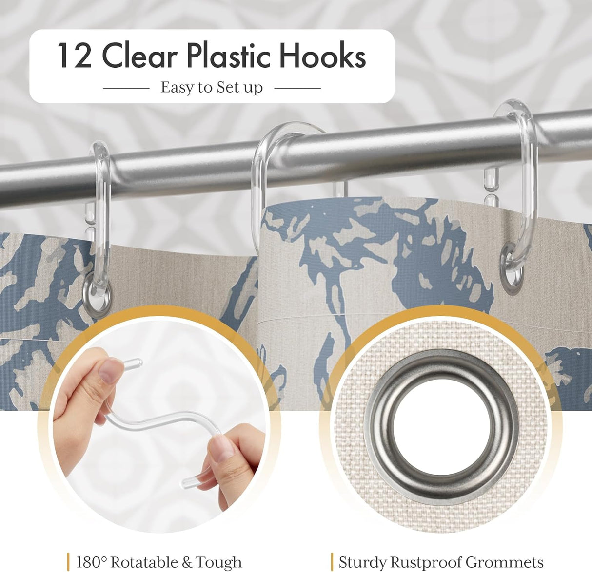 Curtain hooks with clear plastic hooks and metal grommets on a curtain rod.