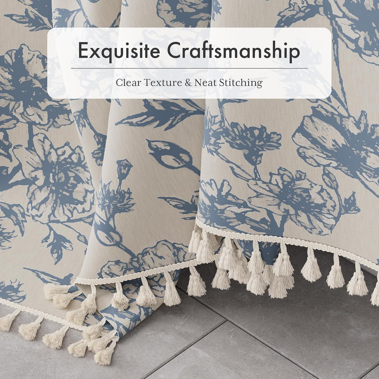 Floral patterned rug with tassels on a tiled floor, emphasizing craftsmanship.