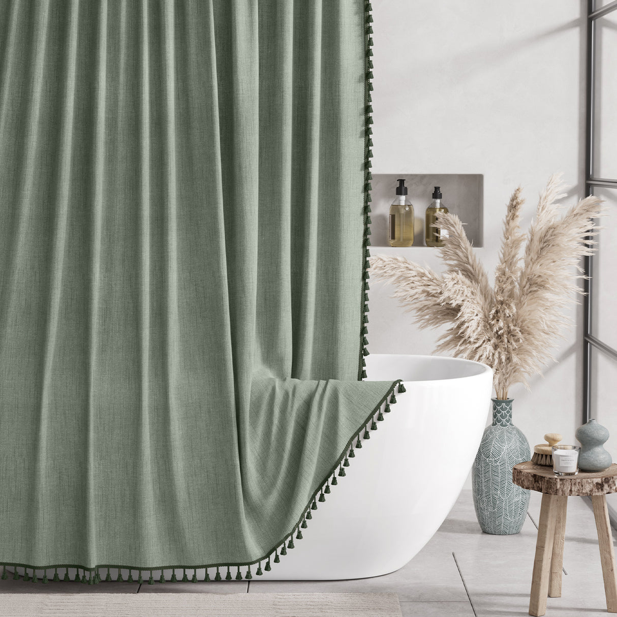 Farmhouse Shower Curtain with Tassel Neutral