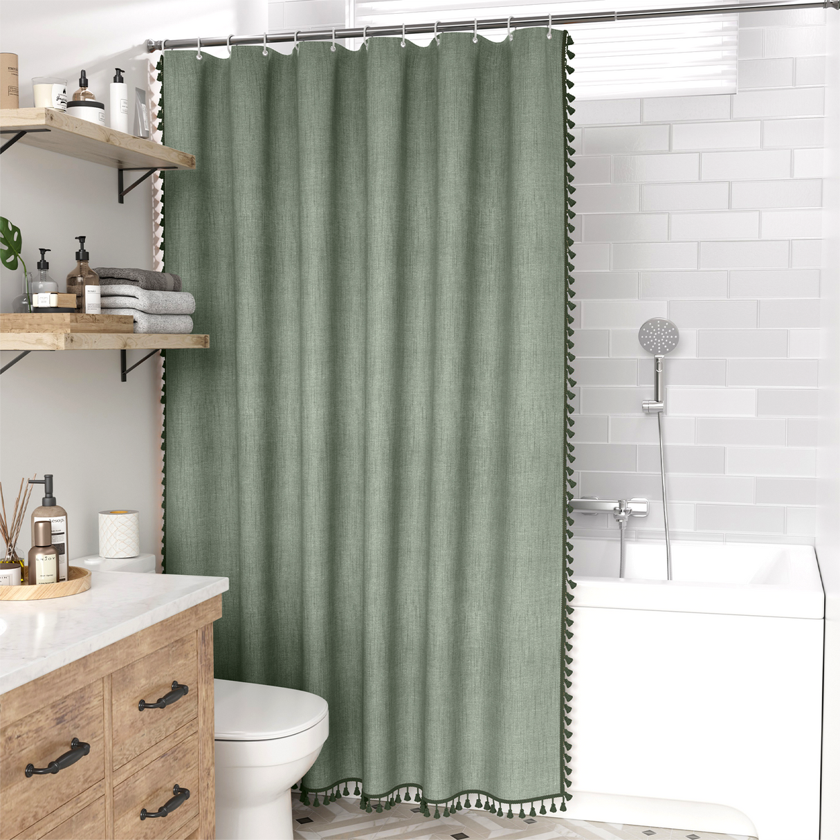 Farmhouse Shower Curtain with Tassel Neutral