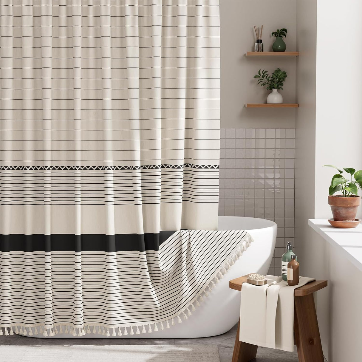 Striped shower curtain with black band in a bathroom setting