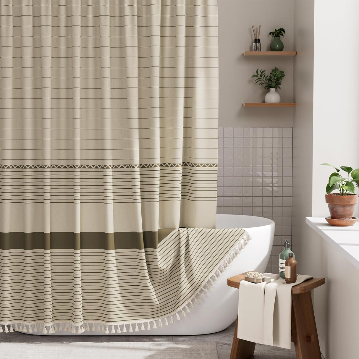Bathroom with a striped shower curtain, bathtub, and wooden stool.