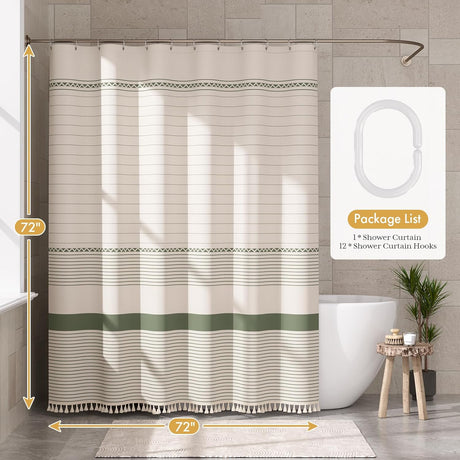 Beige and green striped shower curtain with hooks in a bathroom setting