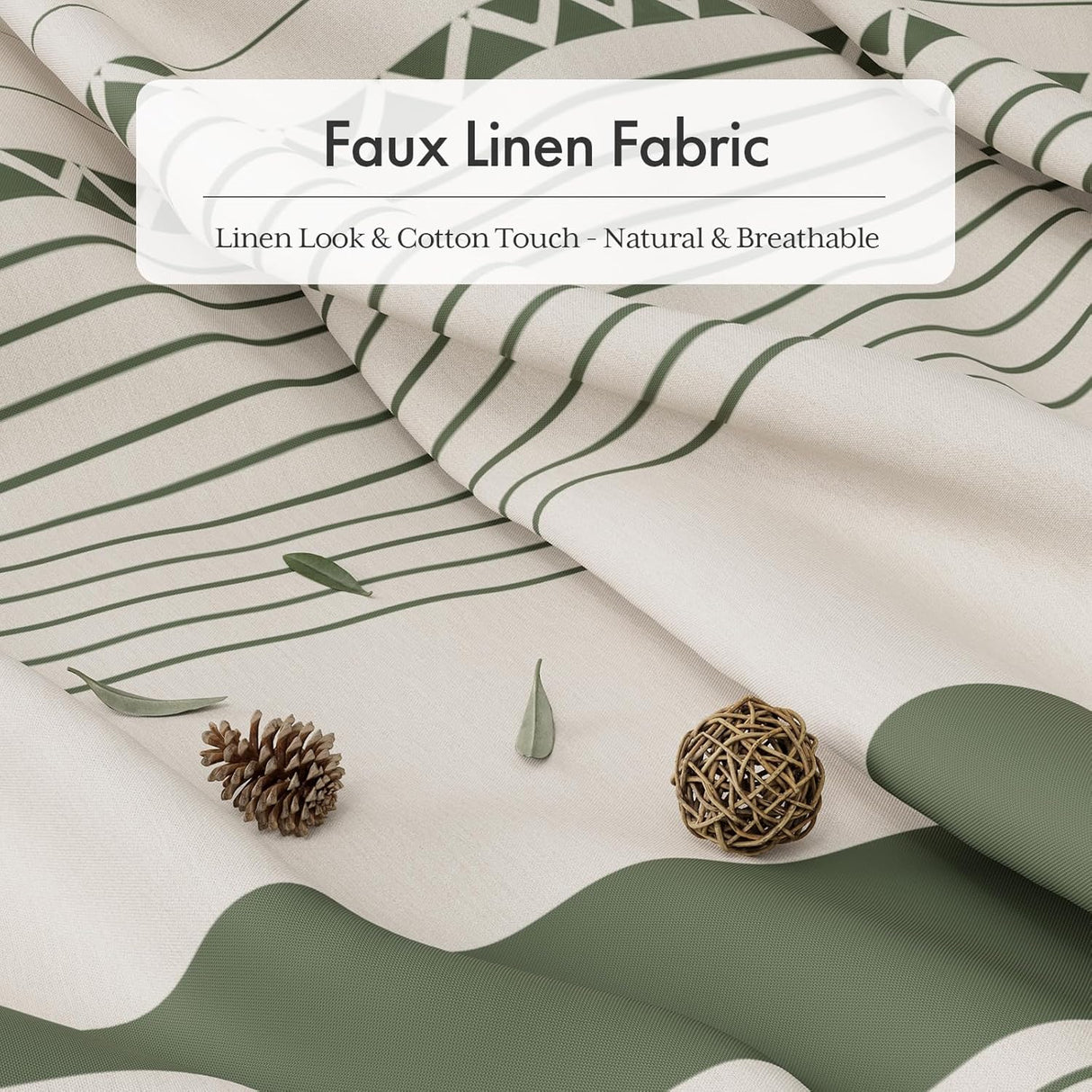 Roll of green and white striped faux linen fabric with decorative elements on a neutral background.