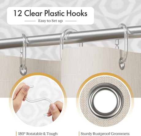 Clear plastic hooks with 180-degree rotatability and sturdy rustproof grommets on a curtain rod.