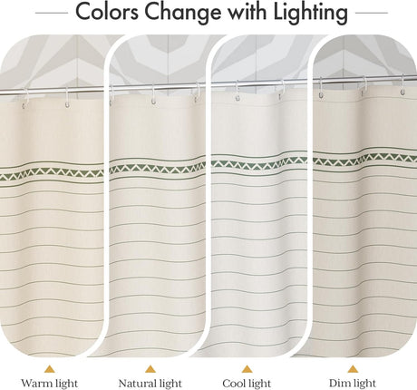 Shower curtain with green stripes showing color change with different lighting conditions.