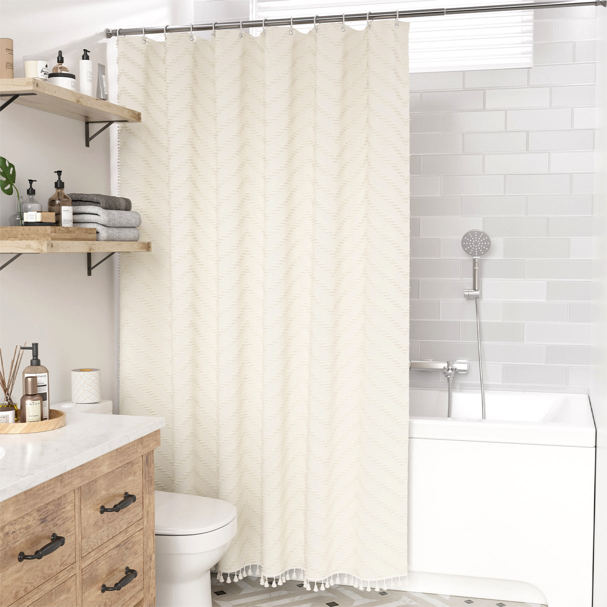 Farmhouse Shower Curtain with Tassel Tufted