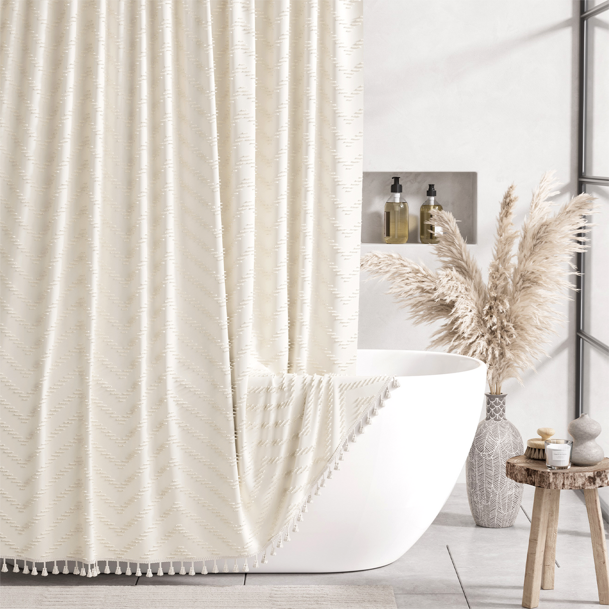 Farmhouse Shower Curtain with Tassel Tufted
