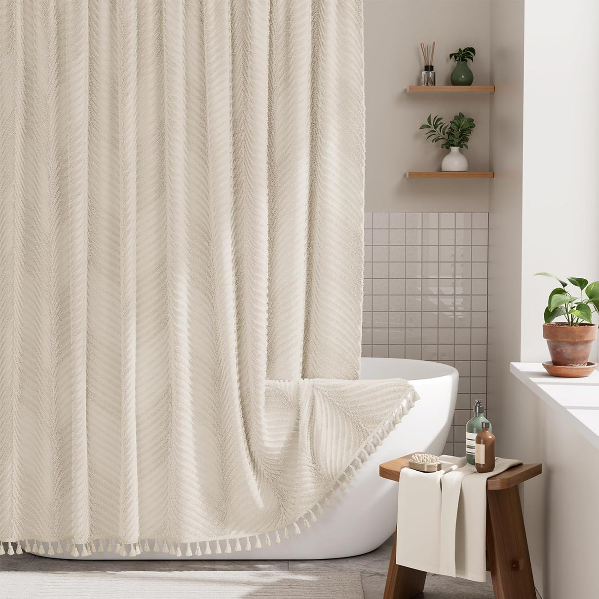 Bathroom with a white bathtub and textured shower curtain, wooden stool with towel, and plants.