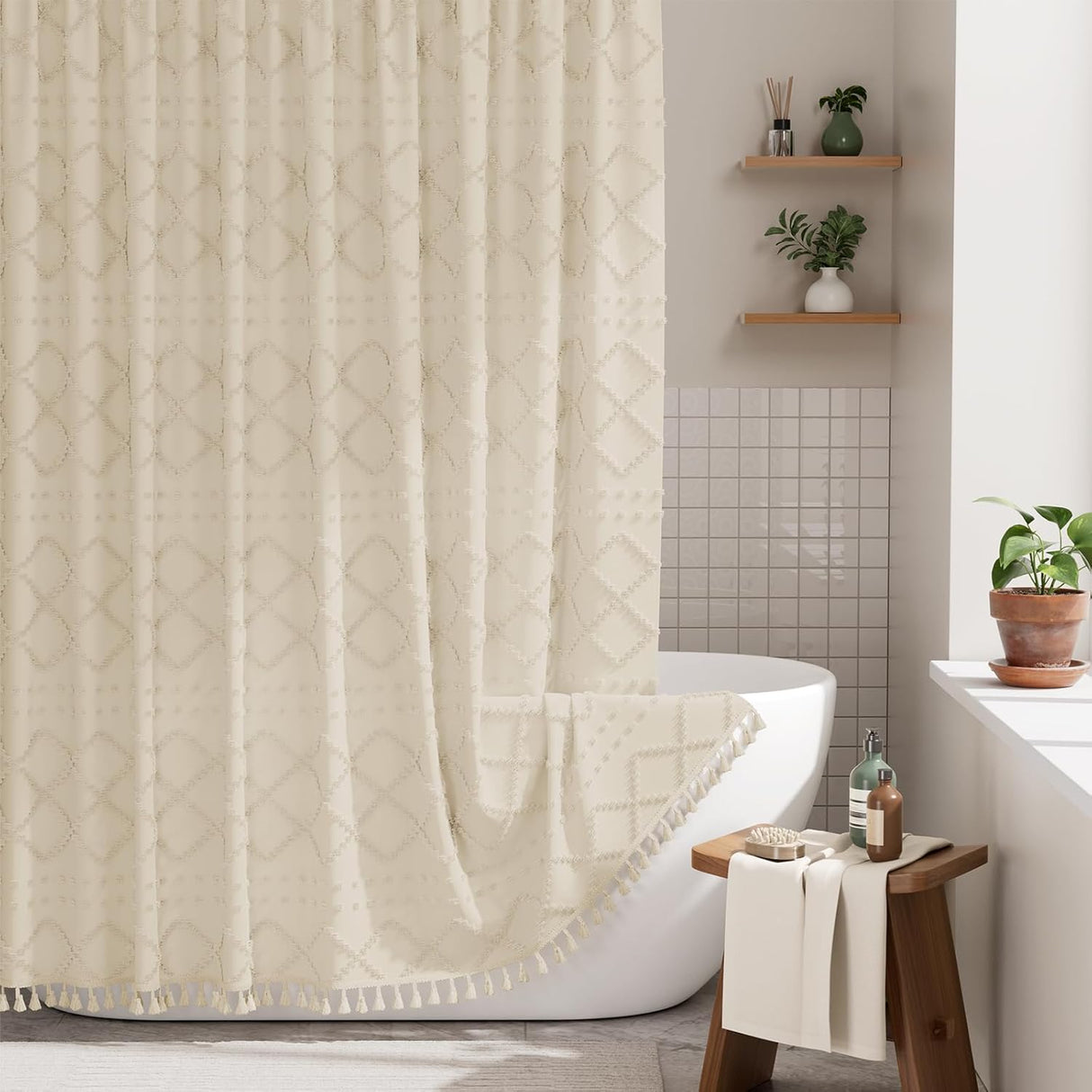 Bathroom with a textured shower curtain, freestanding bathtub, and wooden stool.