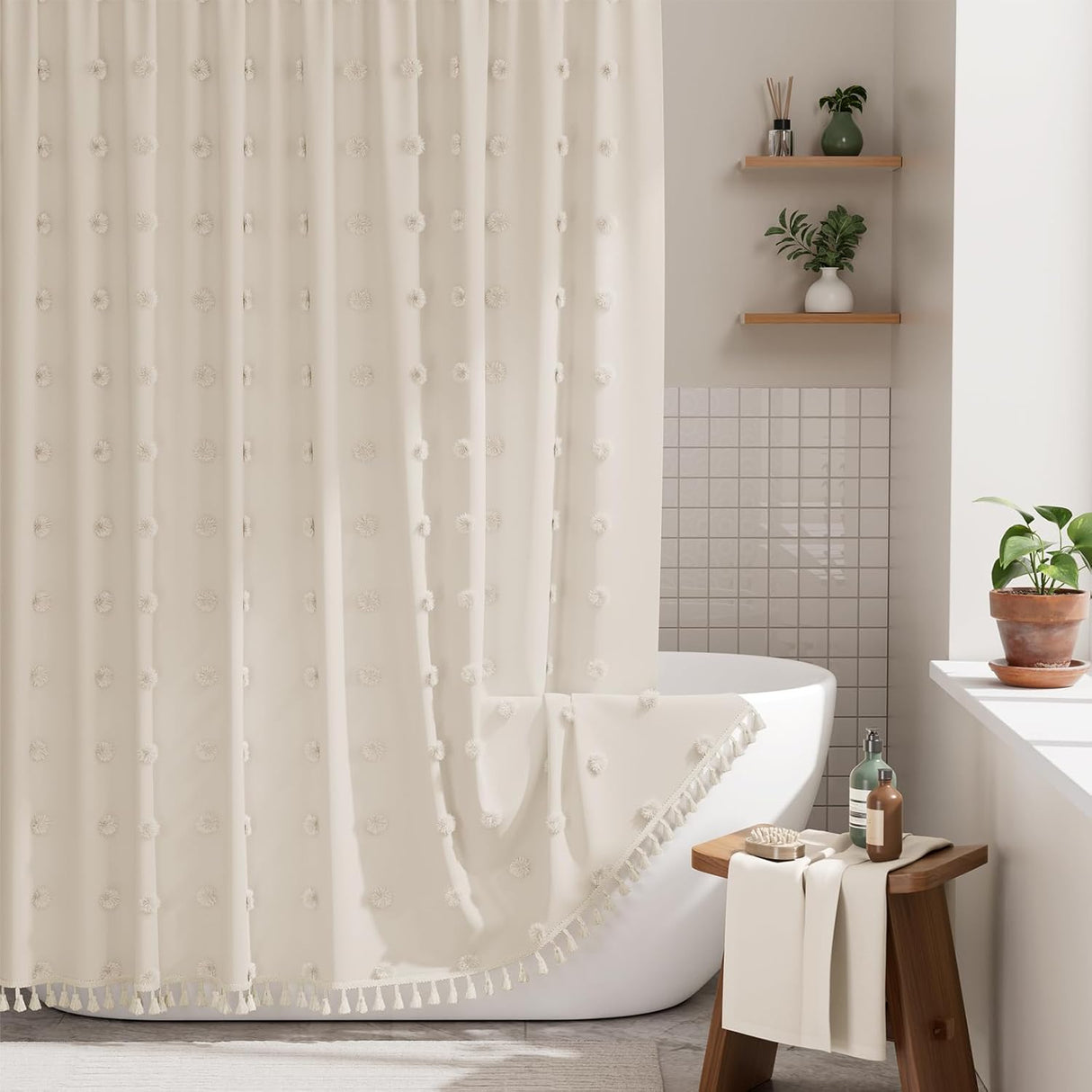 Bathroom with a white bathtub and shower curtain, wooden stool with towel and bottle, and small plants.