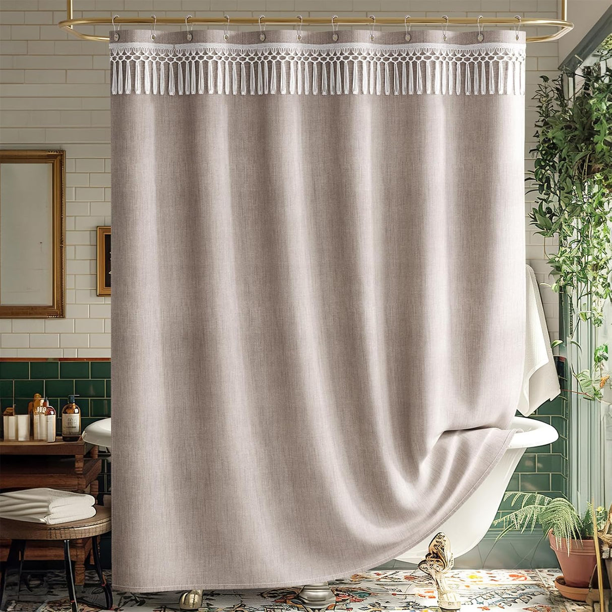 Beige shower curtain with white fringe in a bathroom setting
