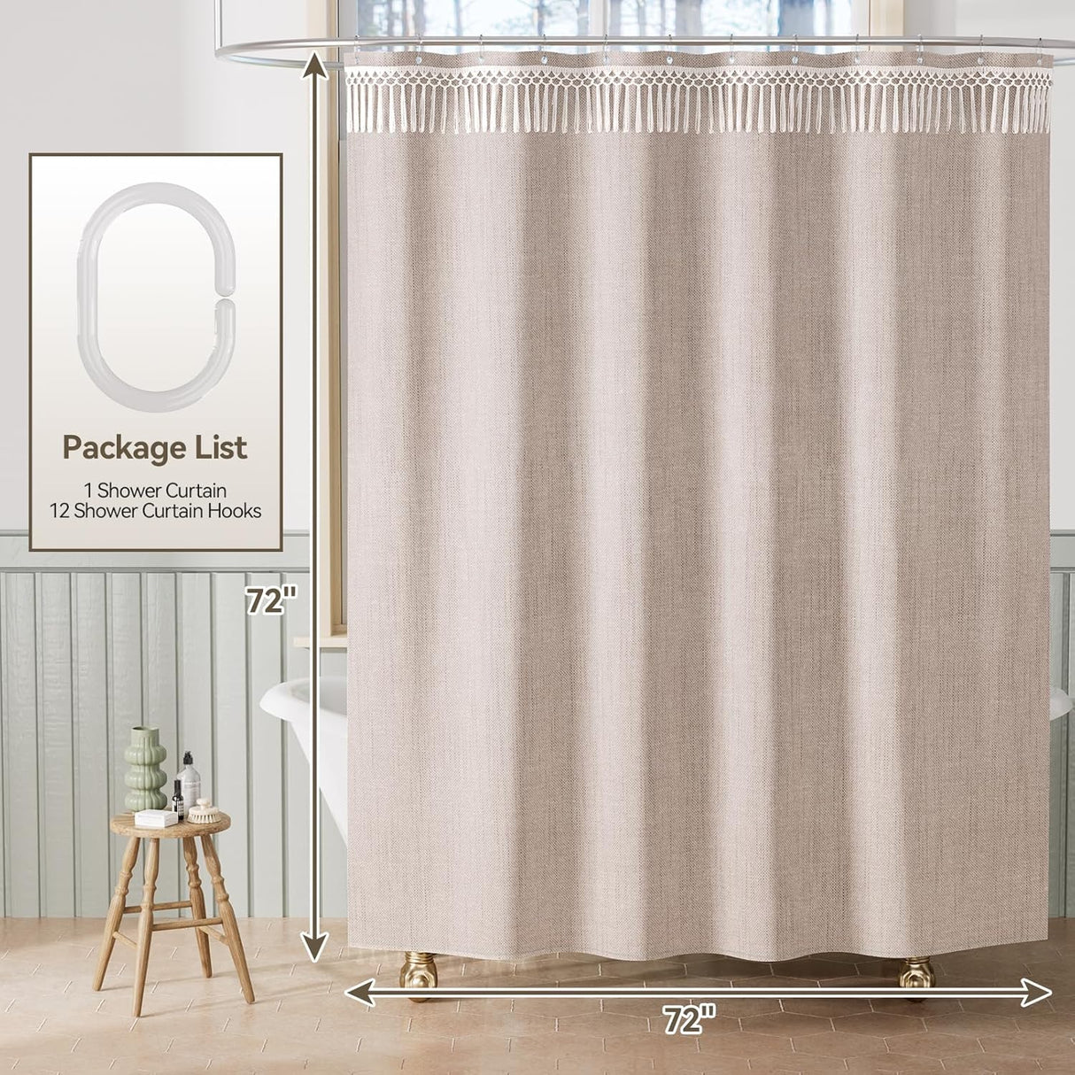 Beige shower curtain with dimensions and package list displayed