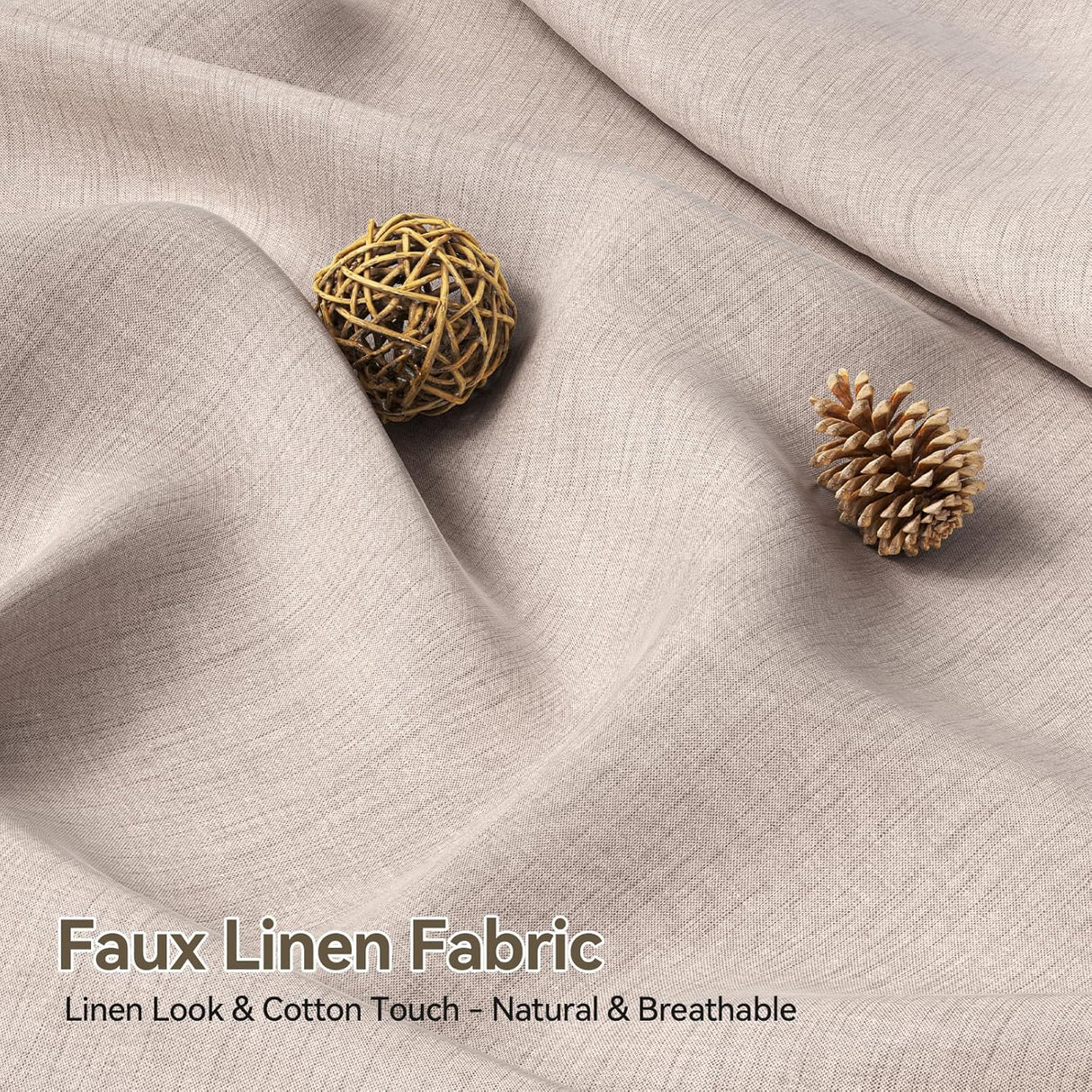 Faux linen fabric with decorative elements on a neutral background